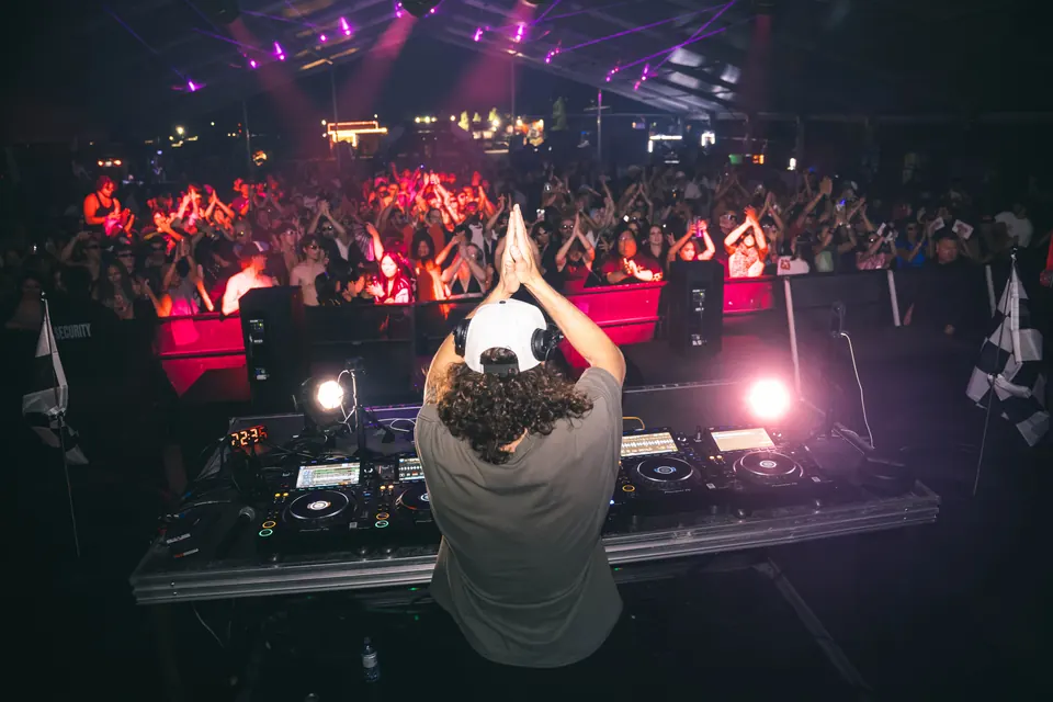 DJ seen from behind with hands raised, facing a crowd clapping under pink light